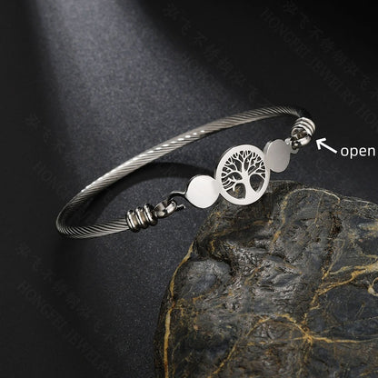 Hollow Tree of Life Open Bangle Bracelet with Steel Wire Round Charm