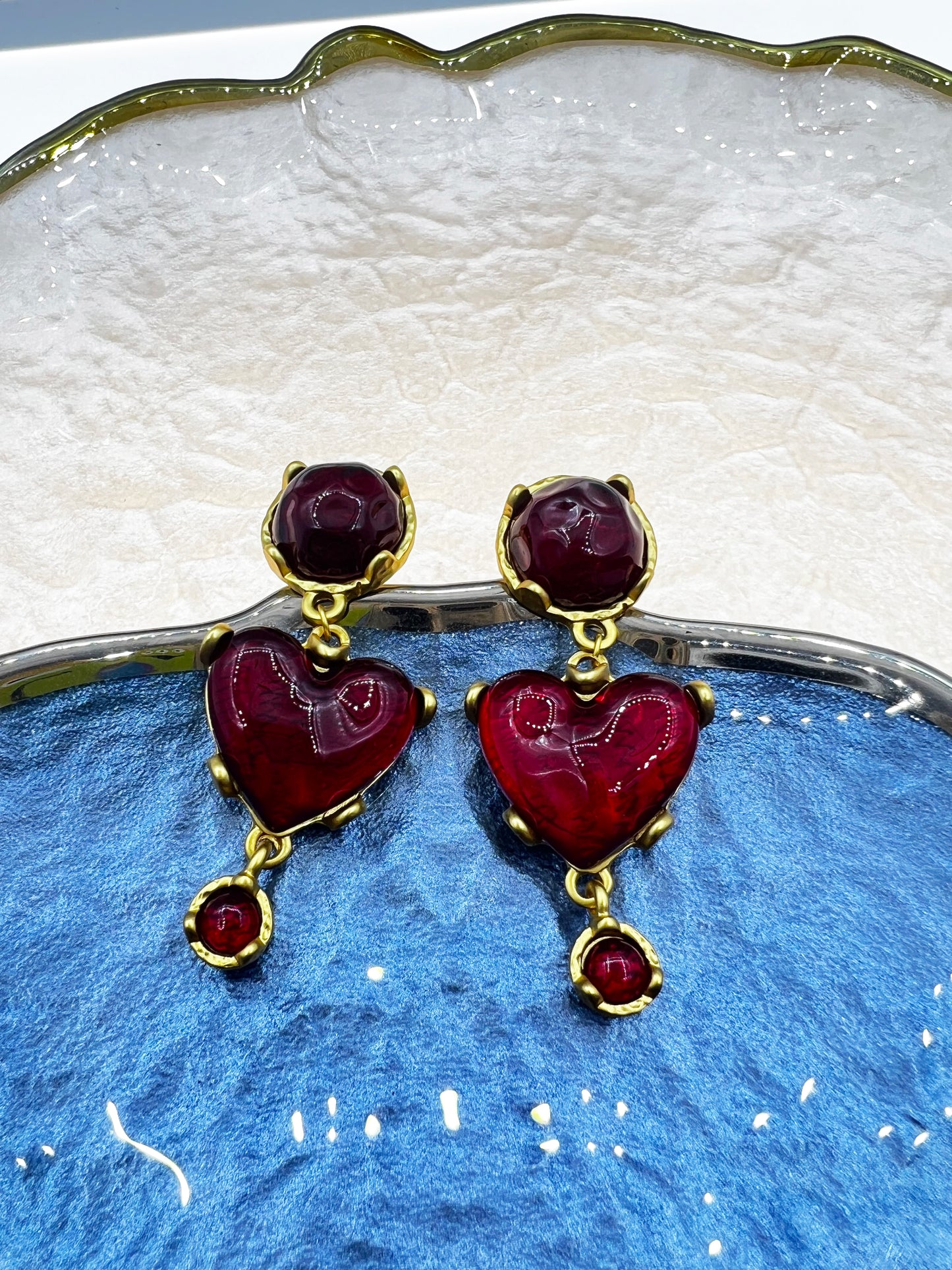 French Burgundy Love Resin Vintage Earrings