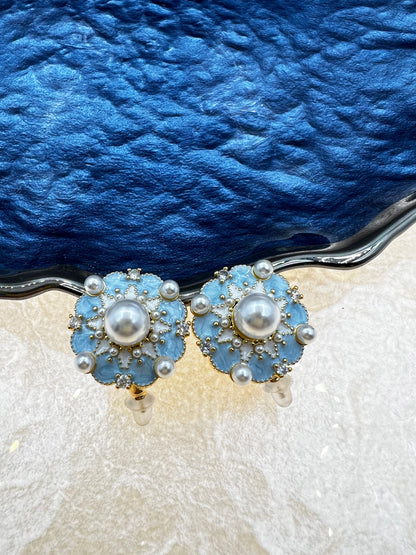 Blue Oil Drop Flower Stud Earrings