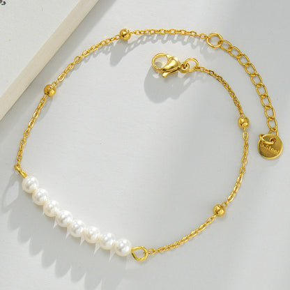 18K Gold Plated Beaded Chain Bracelet with White Pearls and Colorful Beads