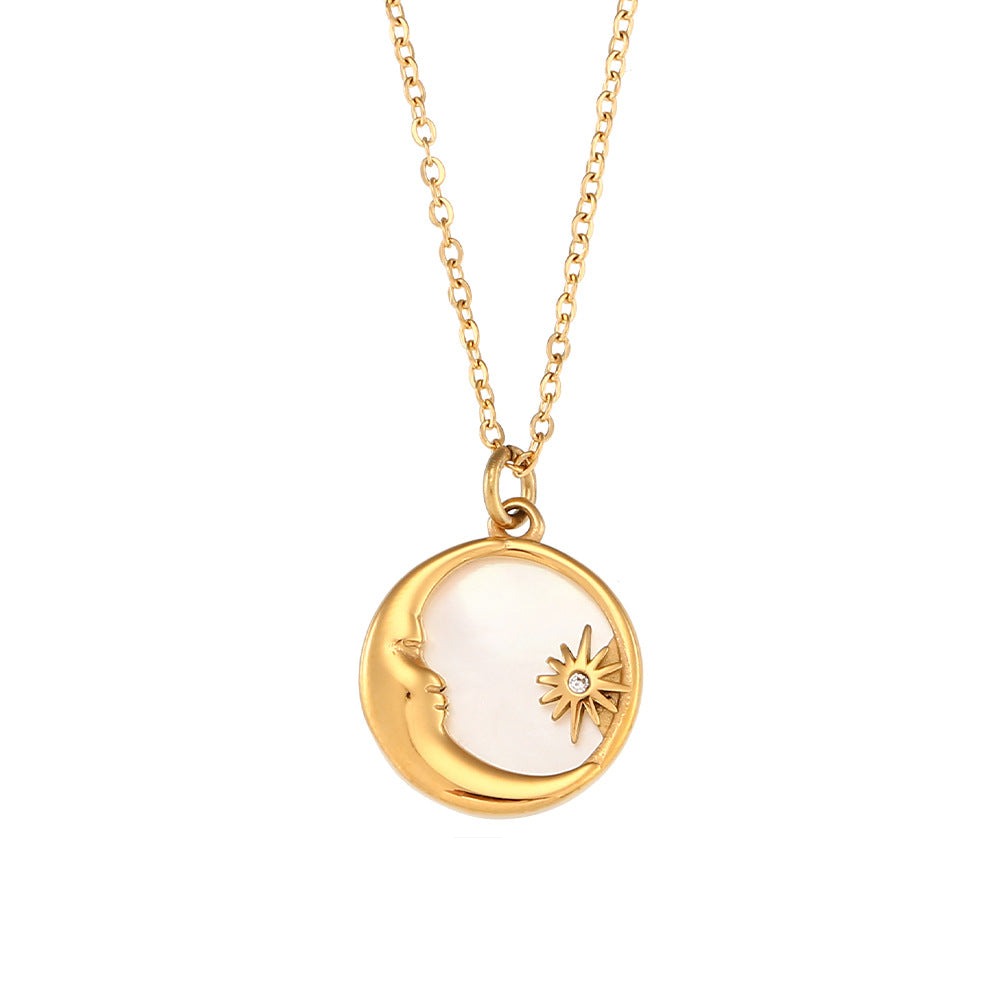 18K Gold Plated Natural Shell Moon Star Pendant Waterproof Necklace