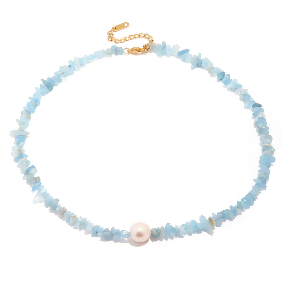 18k Gold Plated Sea Blue Gravel Pearl Necklace Waterproof