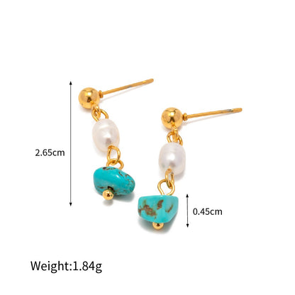 18K Gold Plated Mini Freshwater Pearl Turquoise Drop Earrings Waterproof