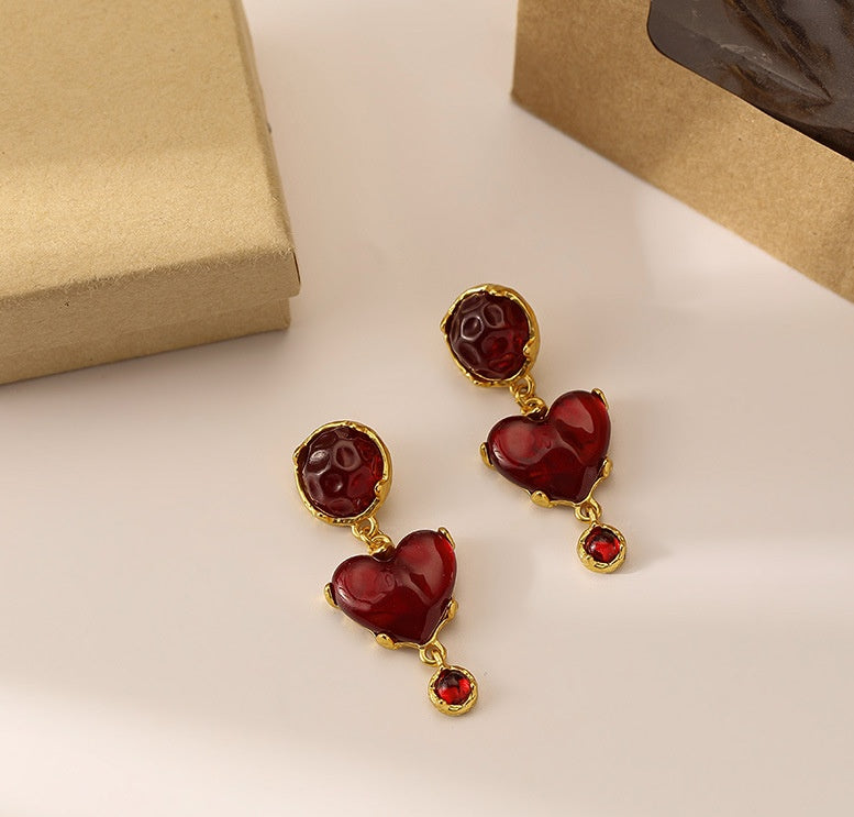 French Burgundy Love Resin Vintage Earrings