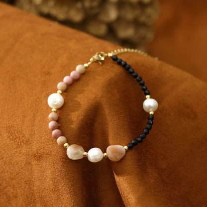 Baroque Natural Pearl Rose Stone Black Spinel Bracelet