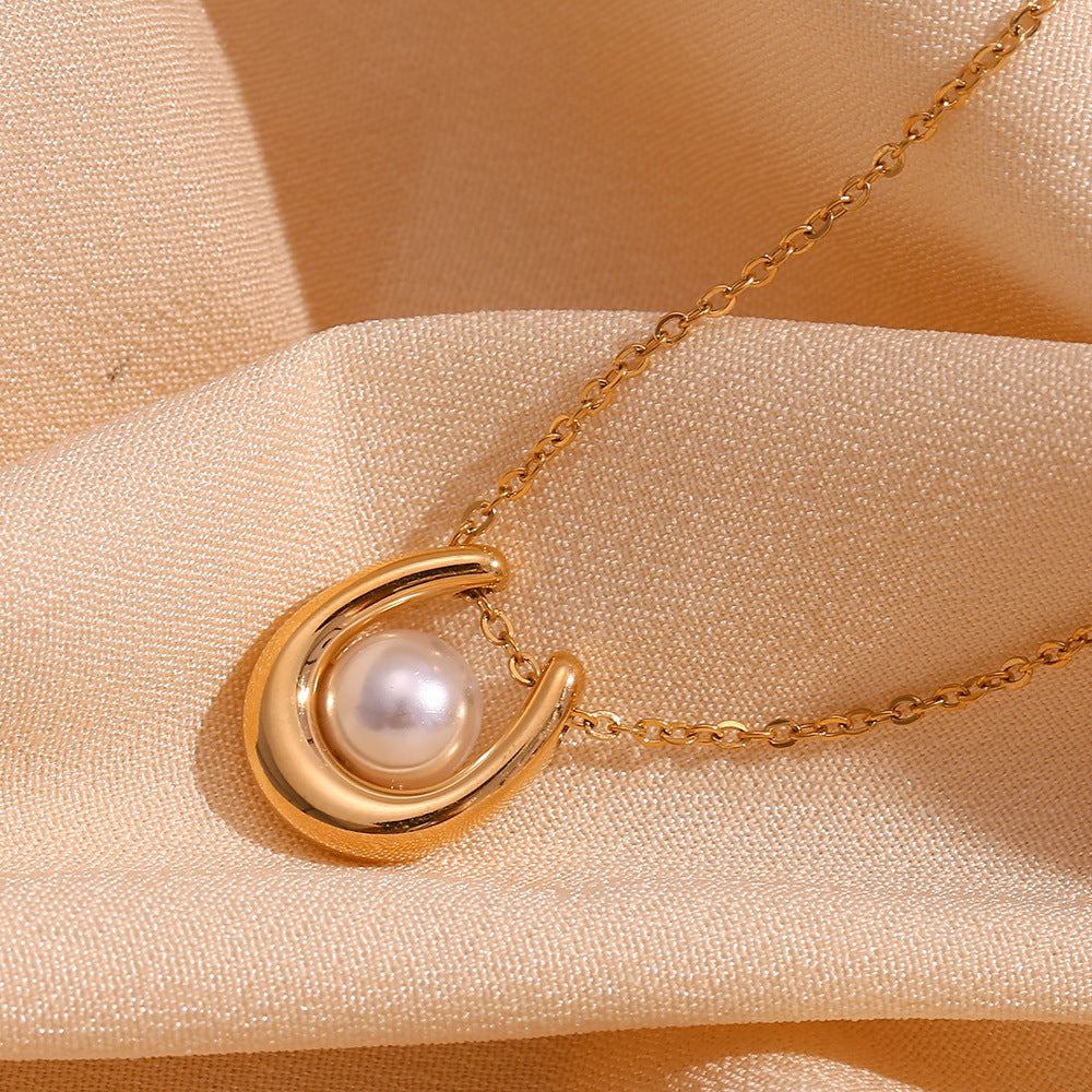 18K Gold Plated Freshwater Natural Pearl U Pendant Waterproof Necklace