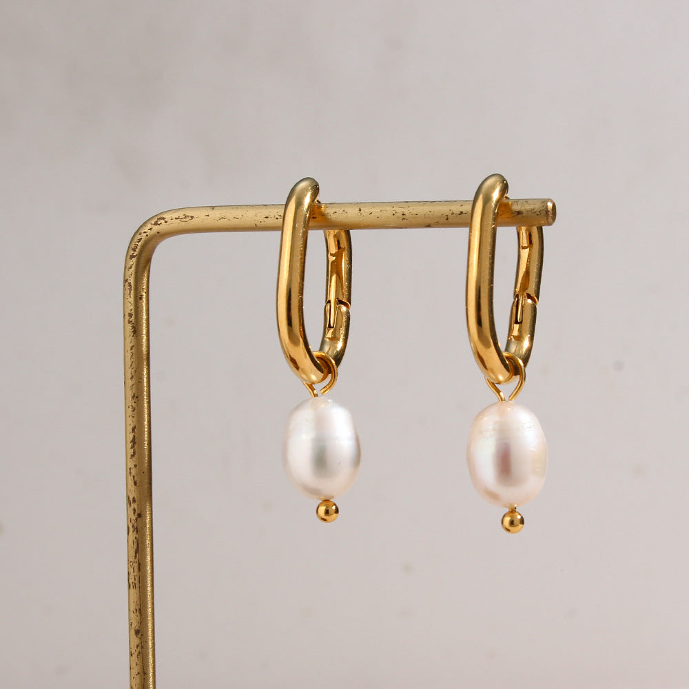 18K Gold Plated U Pearl Drop Waterproof Earrings