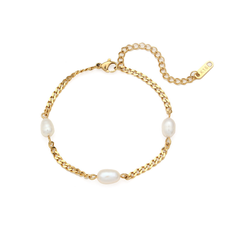 18K Gold Plated Stainless Steel Cuban Chain Three Pearl Waterproof Bracelet