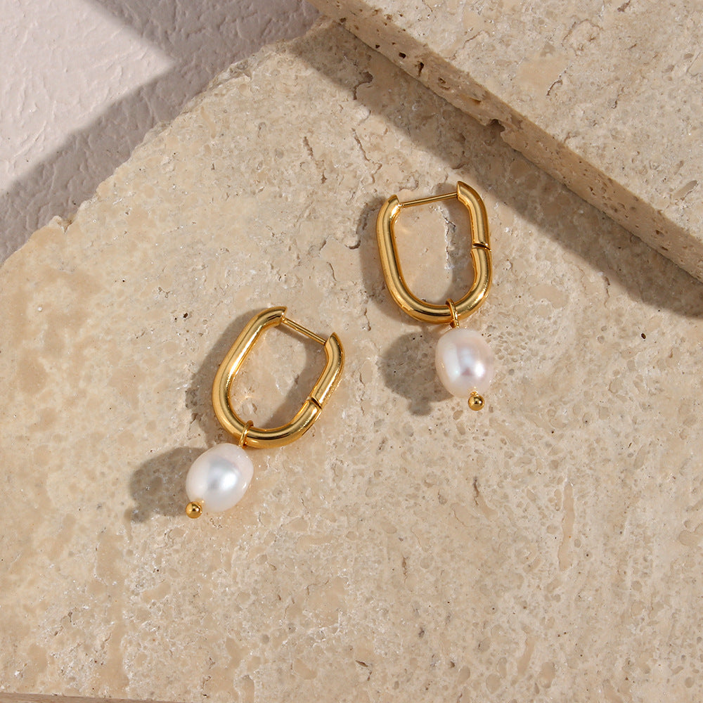 18K Gold Plated U Pearl Drop Waterproof Earrings