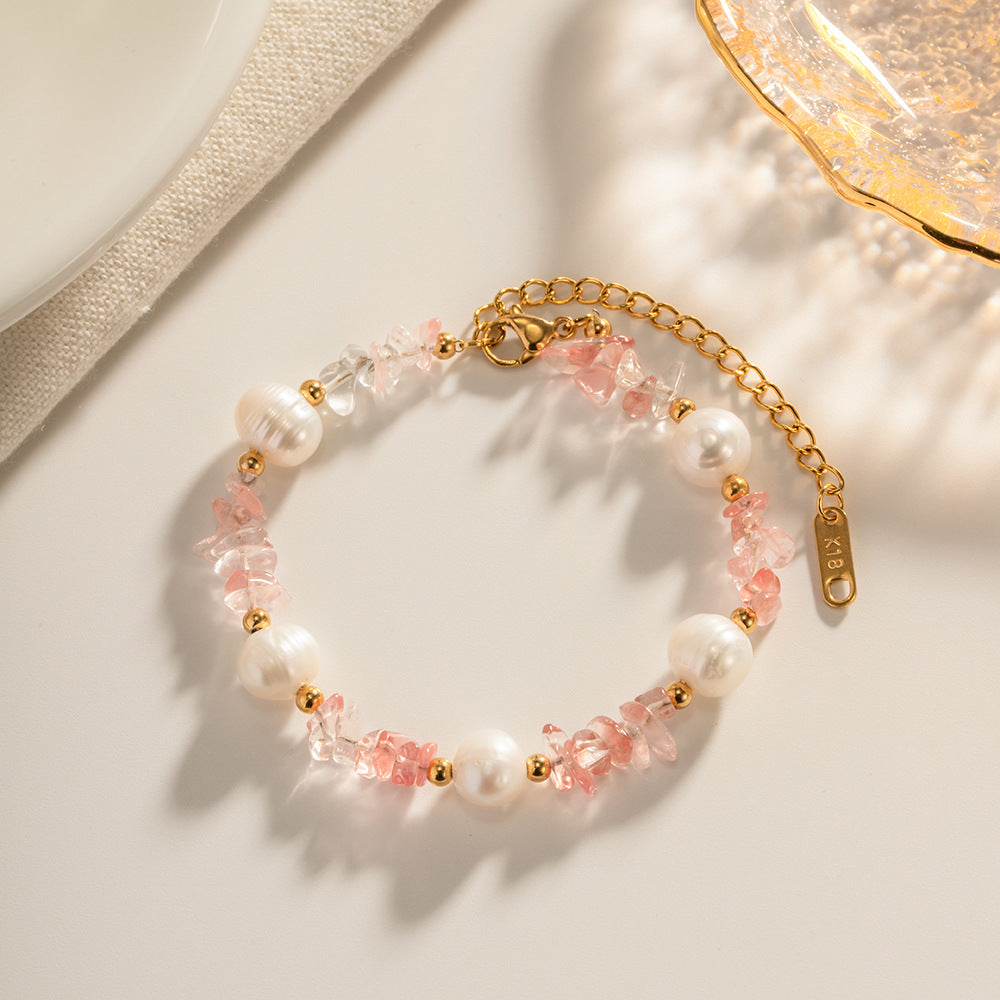 18K Gold Plated Natural Pink Crystal Gravel Freshwater Pearl Bracelet Waterproof