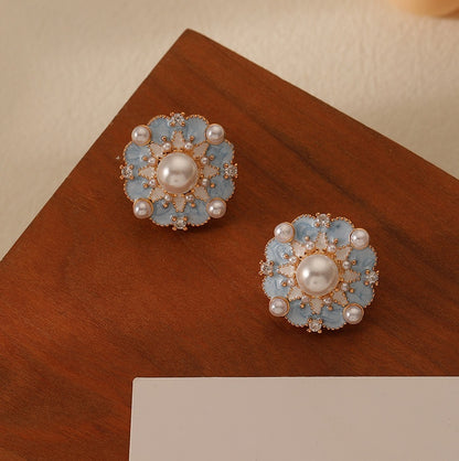 Blue Oil Drop Flower Stud Earrings