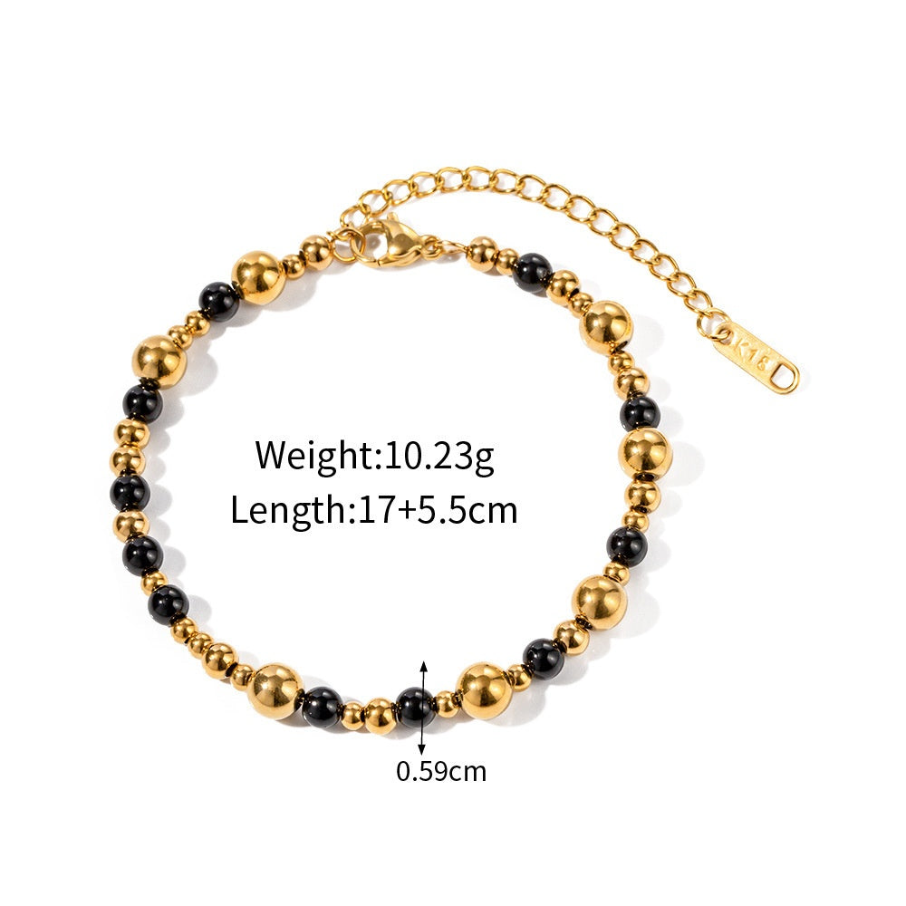 18K Gold Plated Black Agate Beaded Bracelet Waterproof