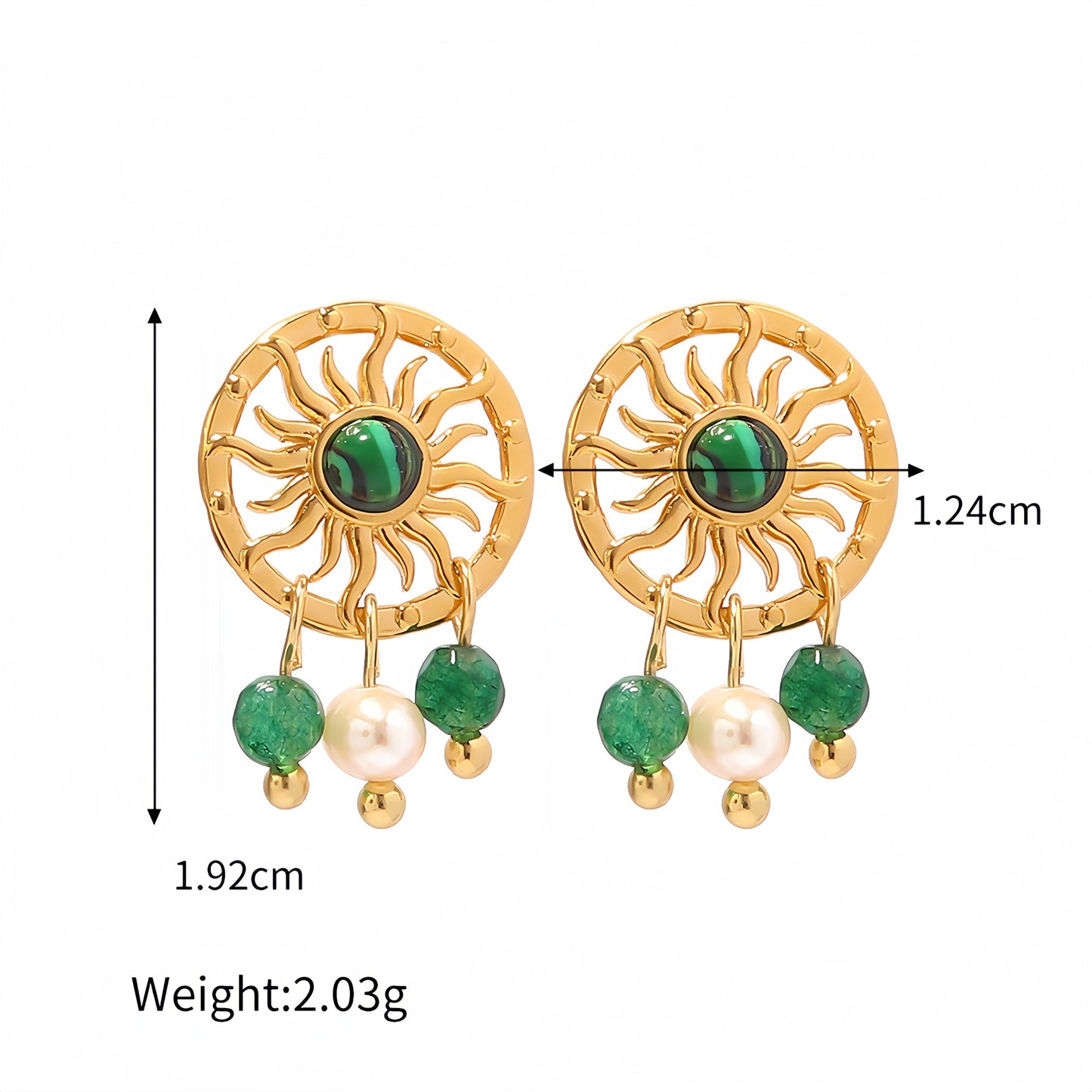 18k Gold Plated Malachite Sun Pearl Drop Earrings Waterproof