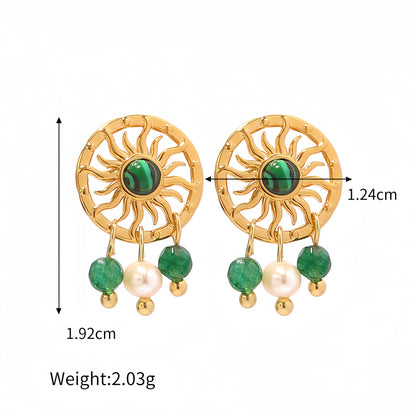 18k Gold Plated Malachite Sun Pearl Drop Earrings Waterproof