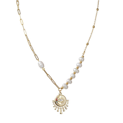 14K Gold Plated Zircon Eye Pearl Necklace