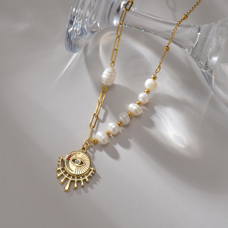 14K Gold Plated Zircon Eye Pearl Necklace