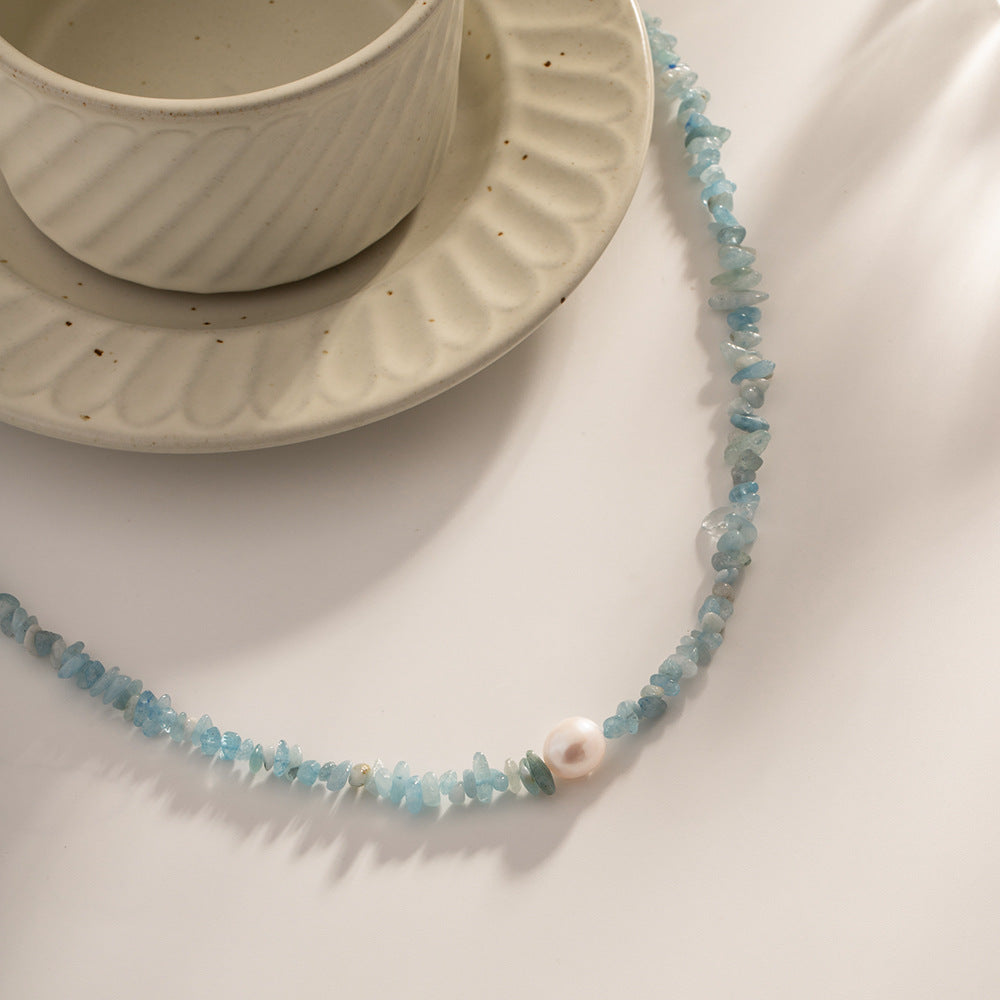 18k Gold Plated Sea Blue Gravel Pearl Necklace Waterproof