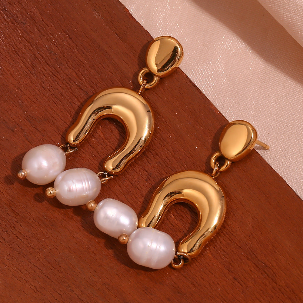 18K Golden Pearl U-Shaped Waterproof Earrings