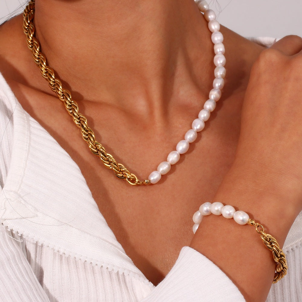 18K Plated Natural Freshwater Pearl Twist Chain Waterproof Necklace