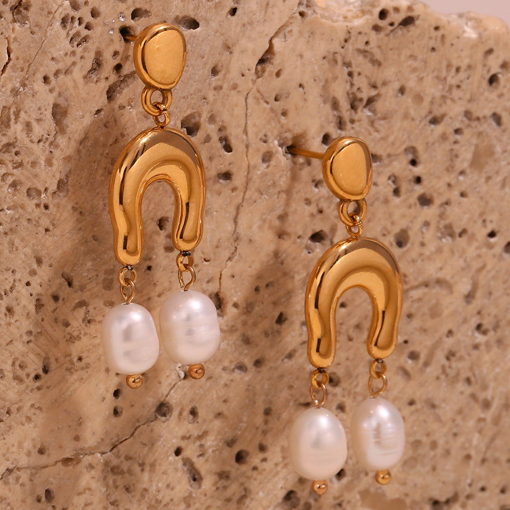 18K Golden Pearl U-Shaped Waterproof Earrings