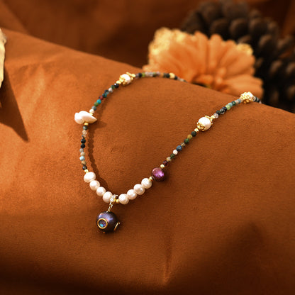 Zircon Inlaid Natural Pearl And Tourmaline Necklace