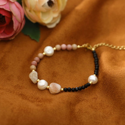 Baroque Natural Pearl Rose Stone Black Spinel Bracelet