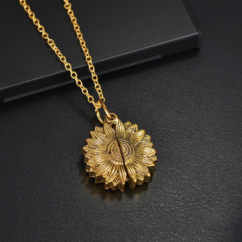 18K Gold Plated Openable Sunflower Round Pendant Necklace