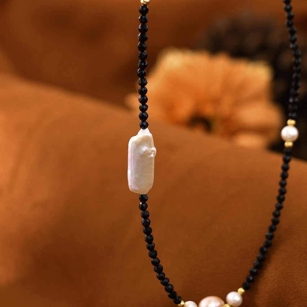 Baroque Natural Freshwater Pearl  Black Spinel Necklace