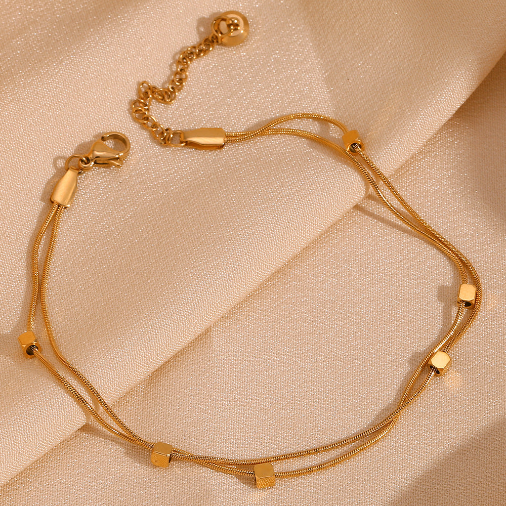 18K Gold Plated Cubic Bead Layered Waterproof Anklet