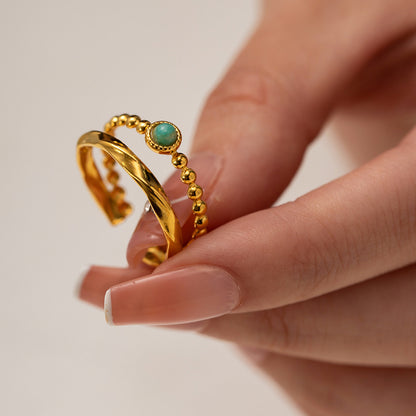 18K Gold pPlated French Ccourt Sstyle Vintage Turquoise Open rRing Waterproof