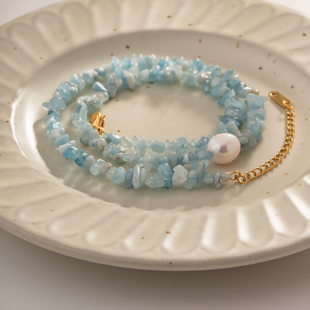 18k Gold Plated Sea Blue Gravel Pearl Necklace Waterproof