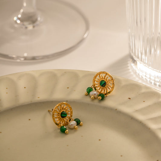 18k Gold Plated Malachite Sun Pearl Drop Earrings Waterproof