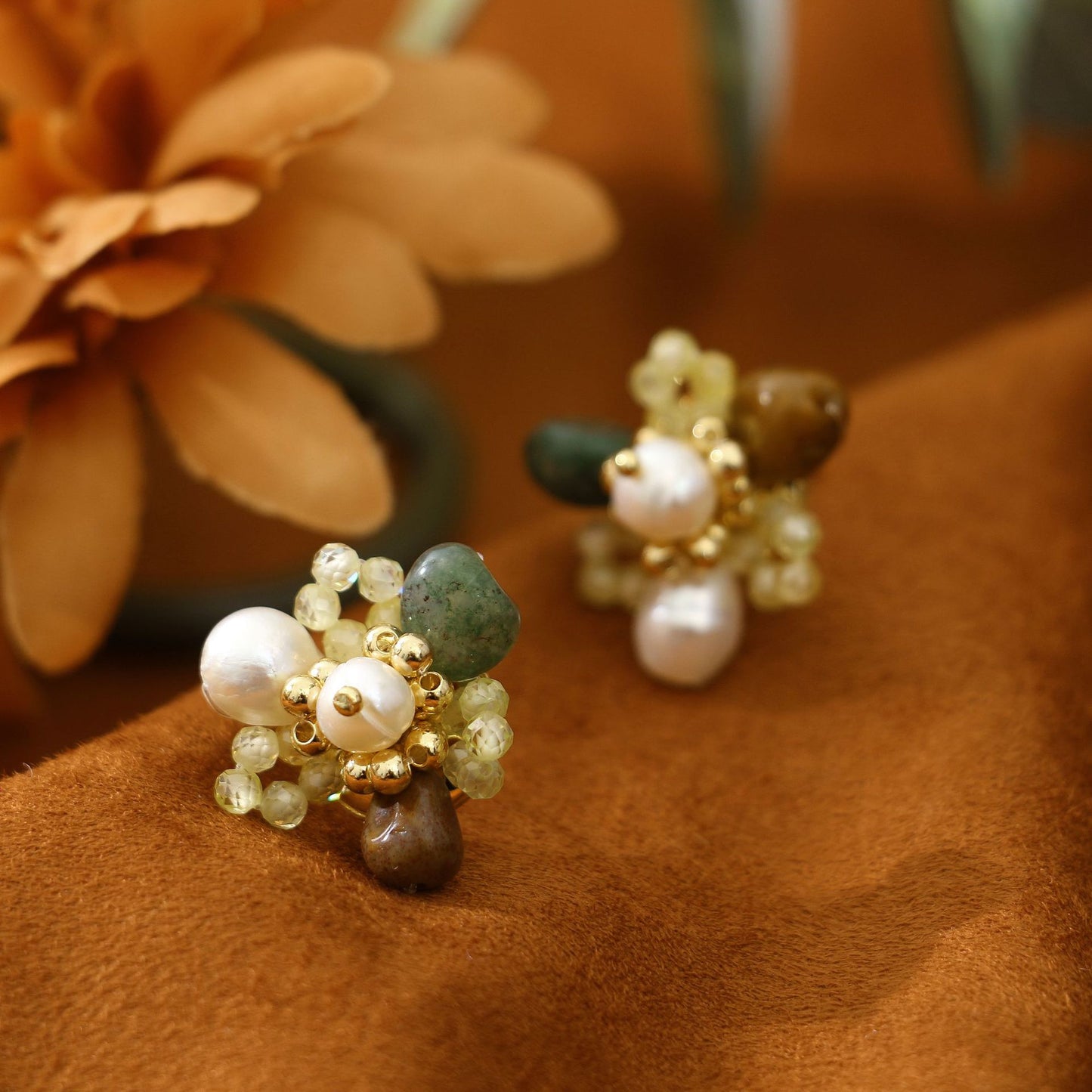 Woven Crystal Green Aventurine Studs Freshwater Pearl Earrings