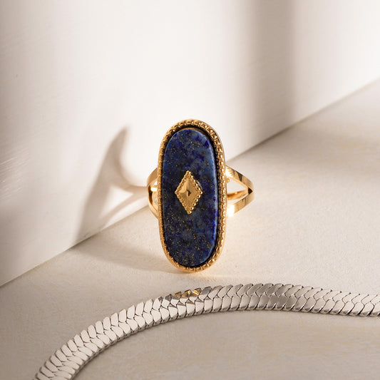 18K Gold Plated Oval Natural Lapis Lazuli Open Ring Waterproof