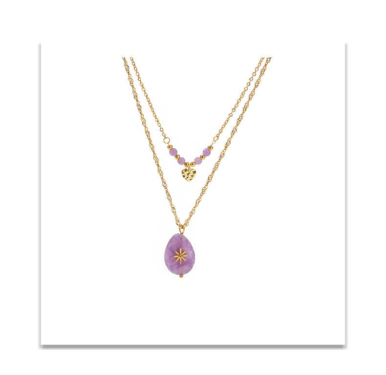 18k Gold Plated Natural Purple Stone Multi-Layer Necklace Waterproof