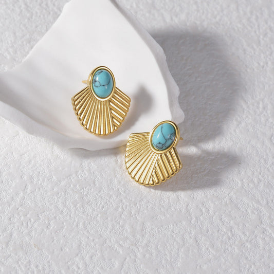 18K Gold Plated Ribbed Scalloped Turquoise Earrings