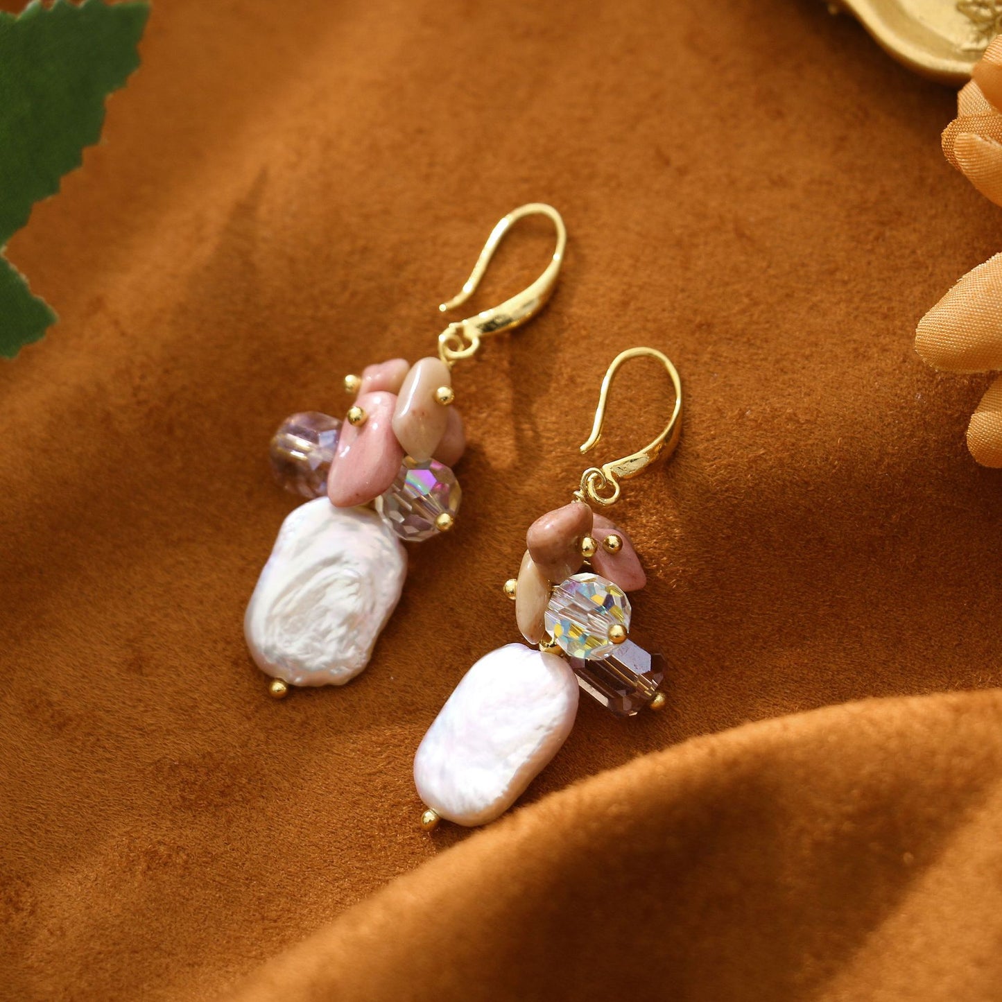 Rose Quartz Square Baroque Freshwater Pearl Earrings