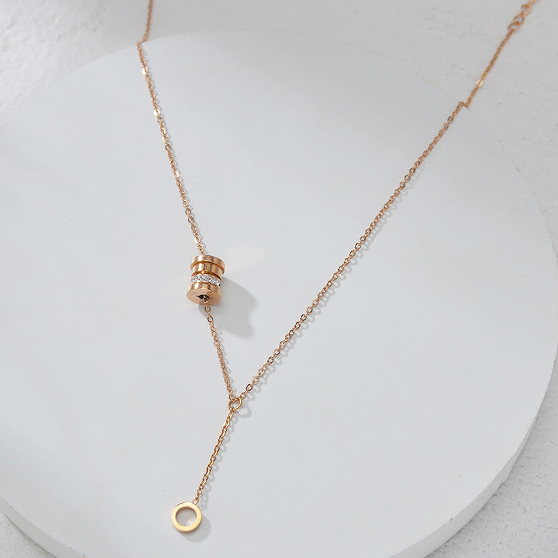 18K Plated Rose Gold Waist Pendant Necklace with Diamond-encrusted Round Ring