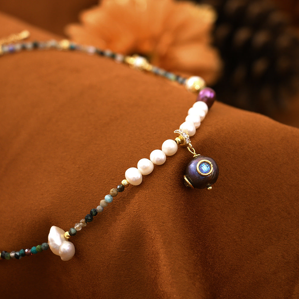 Zircon Inlaid Natural Pearl And Tourmaline Necklace