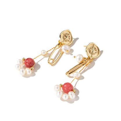 Freshwater Pearl Strawberry Crystal Cat Paw Brooch Compass Earrings