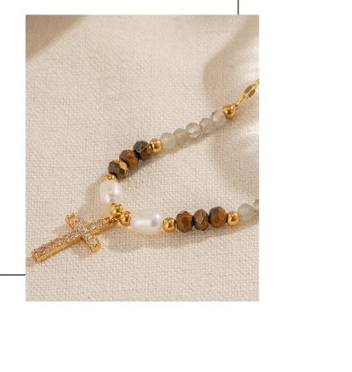 18K Plated Freshwater Pearl Zircon Cross Necklace Waterproof