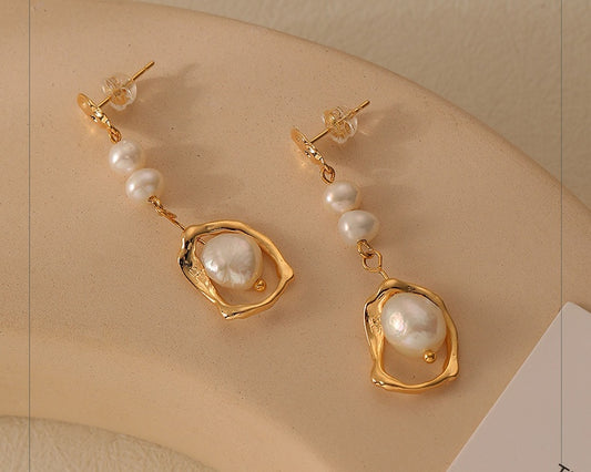 Long Natural Freshwater Pearl Lava Earrings