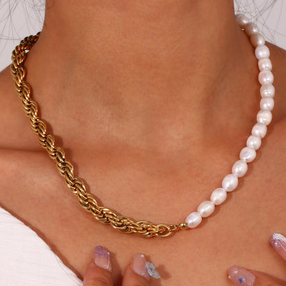 18K Plated Natural Freshwater Pearl Twist Chain Waterproof Necklace