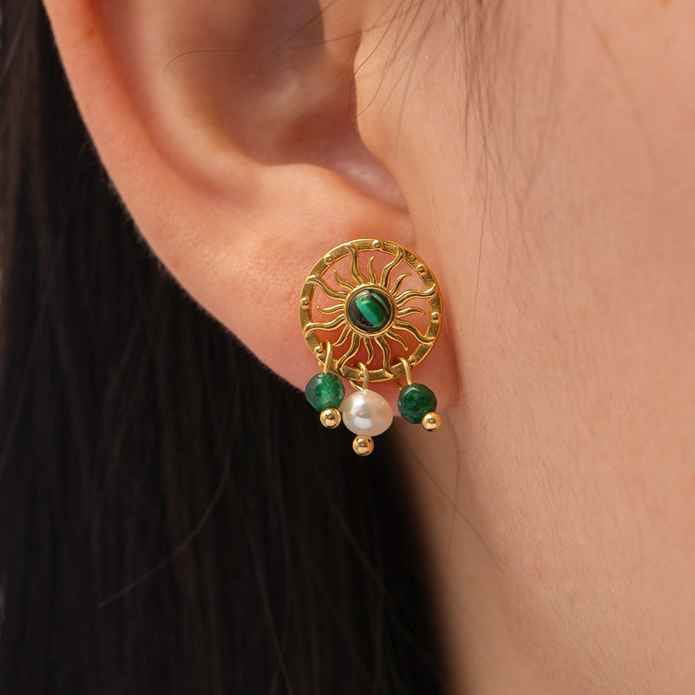 18k Gold Plated Malachite Sun Pearl Drop Earrings Waterproof