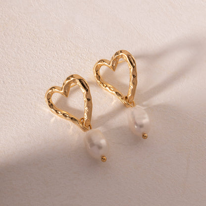 18K Gold Plated Freshwater Pearl Pendant Heart Earrings Waterproof