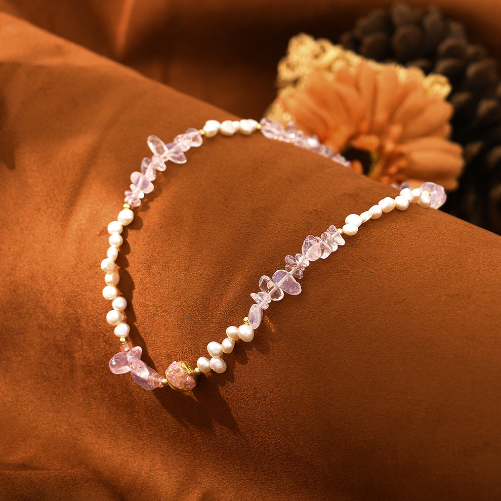 Baroque Rose Quartz Pomegranate Natural Freshwater Pearl Necklace