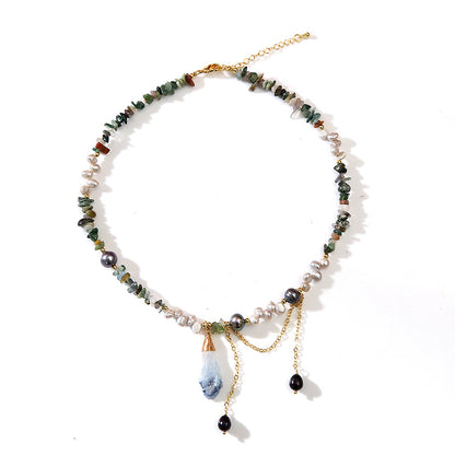 Natural Crystal Rough Tourmaline Petal Baroque Pearl Necklace