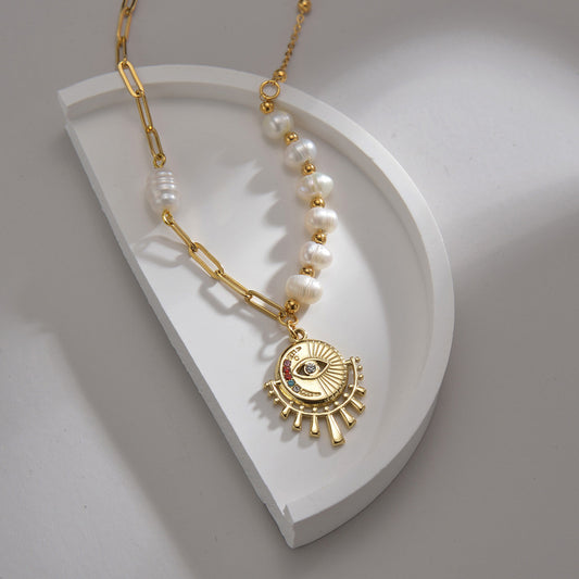 14K Gold Plated Zircon Eye Pearl Necklace