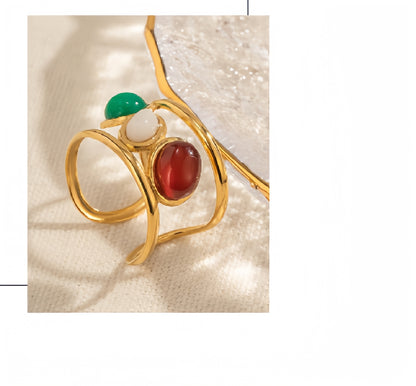 18K Gold-Plated Morandi Colored Glass Open Ring Waterproof