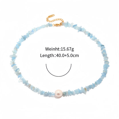 18k Gold Plated Sea Blue Gravel Pearl Necklace Waterproof